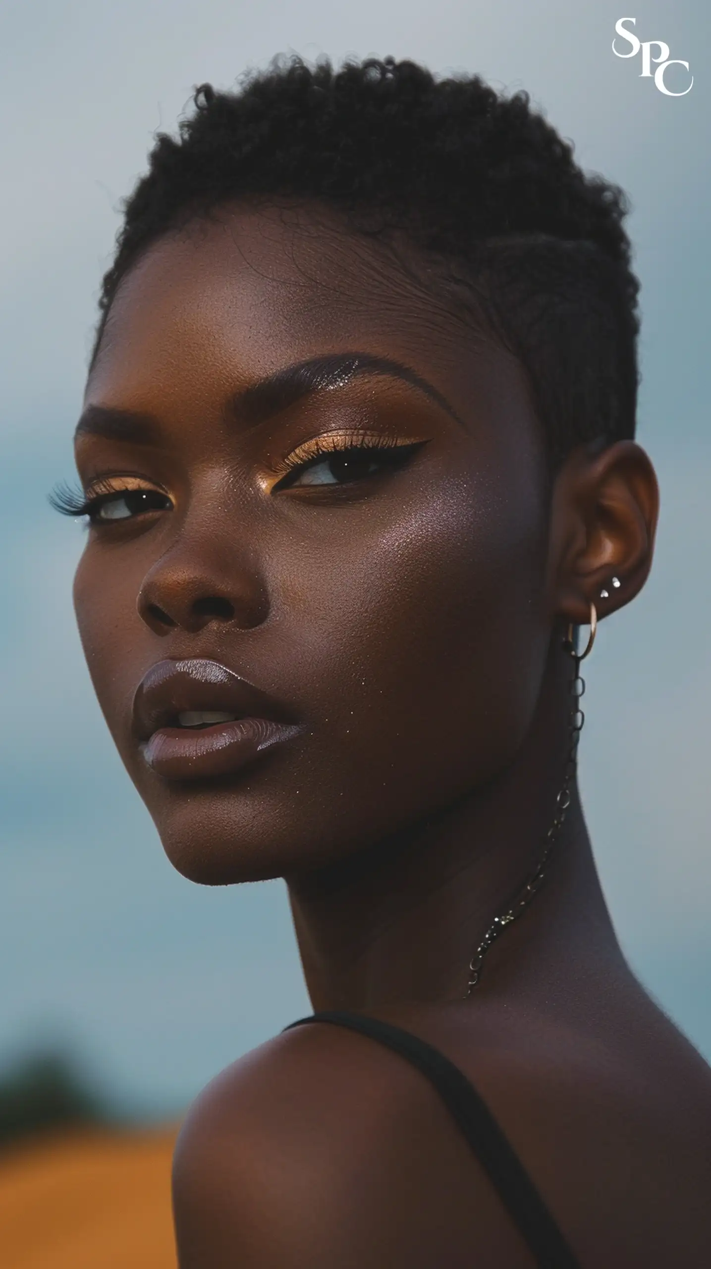 A dark-skinned African American woman with an edgy pixie haircut and light makeup. The woman's hair is boldly short, but with natural curls and shaved sides. It is a short pixie hairstyle that highlights the black woman's natural hairstyle.