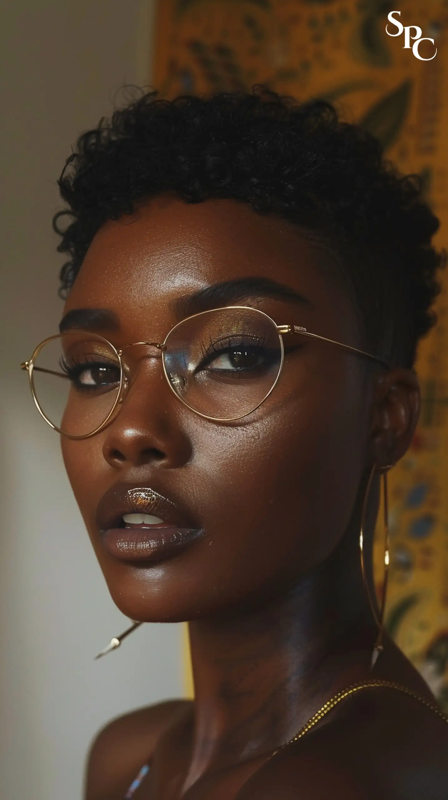 Black woman with a short pixie cut featuring natural curls and tapering at the sides and back, wearing stylish glasses that create a contemporary look.